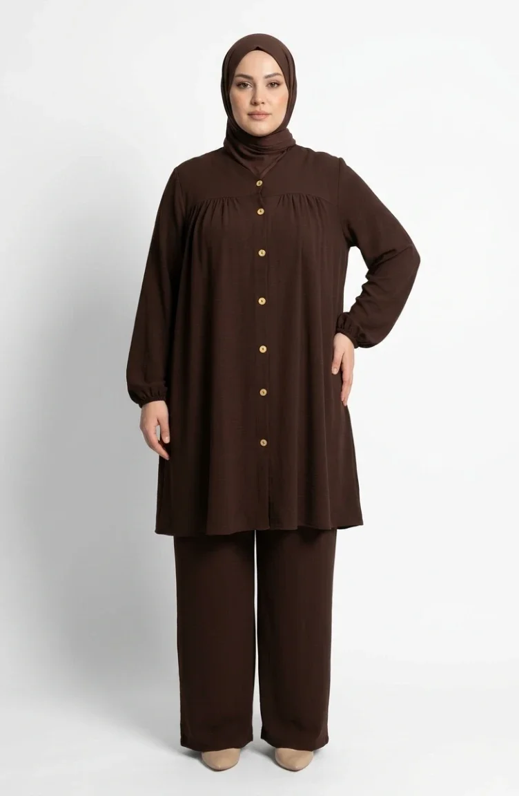 Plus Size Aerobin Fabric Button-Down Hijab Two-Piece Set 4152-03 Brown 4152-03