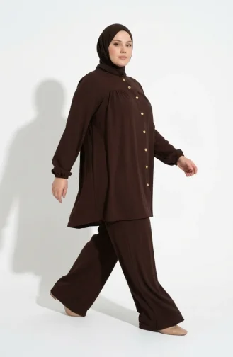 Plus Size Aerobin Fabric Button-Down Hijab Two-Piece Set 4152-03 Brown 4152-03