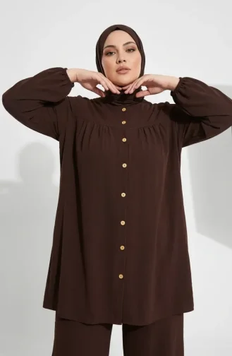 Plus Size Aerobin Fabric Button-Down Hijab Two-Piece Set 4152-03 Brown 4152-03