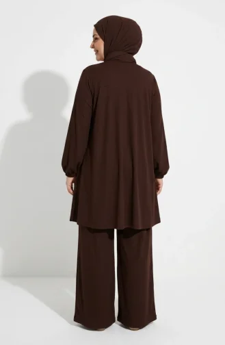 Plus Size Aerobin Fabric Button-Down Hijab Two-Piece Set 4152-03 Brown 4152-03