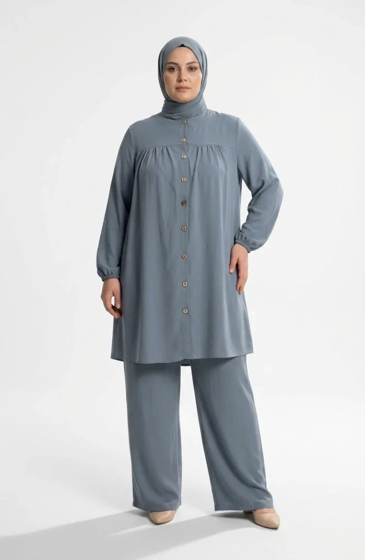 Plus Size Aerobin Fabric Button-Down Hijab Two-Piece Set 4152-04 Grey 4152-04