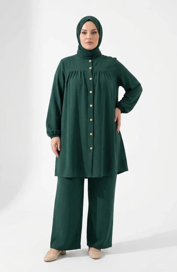 Plus Size Aerobin Fabric Button-Down Hijab Two-Piece Set 4152-06 Emerald Green 4152-06