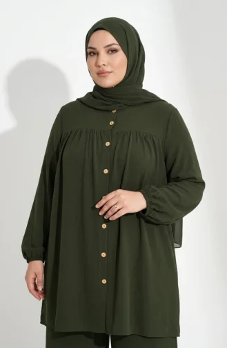 طقم حجاب من قطعتين بأزرار أمامية من قماش أيروبين، مقاسات كبيرة، لون كاكي 4152-11 4152-11
