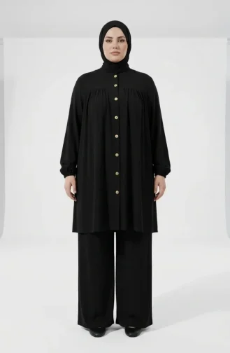 Plus Size Aerobin Fabric Button-Down Hijab Two-Piece Set 4152-13 Black 4152-13