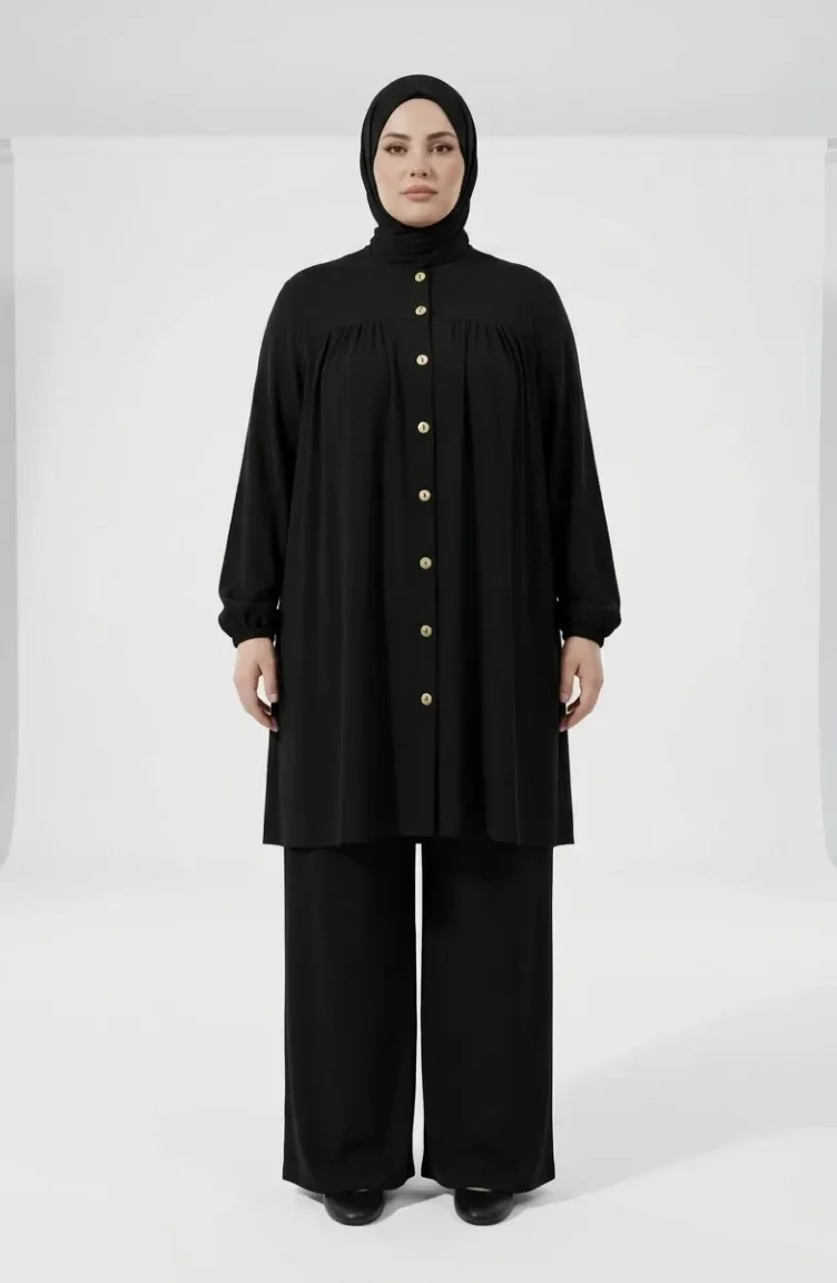 Plus Size Aerobin Fabric Button-Down Hijab Two-Piece Set 4152-13 Black 4152-13