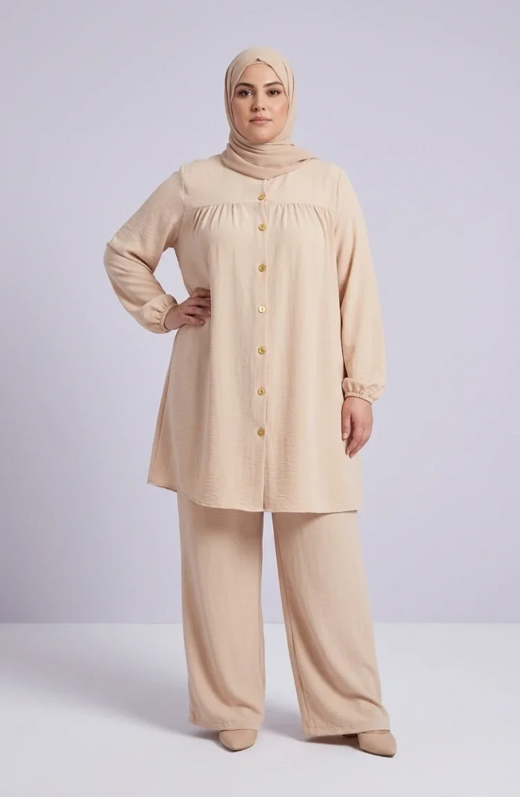 Plus Size Aerobin Fabric Button-Down Hijab Two-Piece Set 4152-14 Cream 4152-14