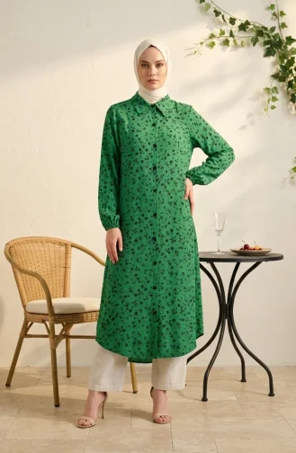 Tunique Boutonnée à Col Chemise Et Motif Marguerites 0355-11 Vert émeraude 0355-11