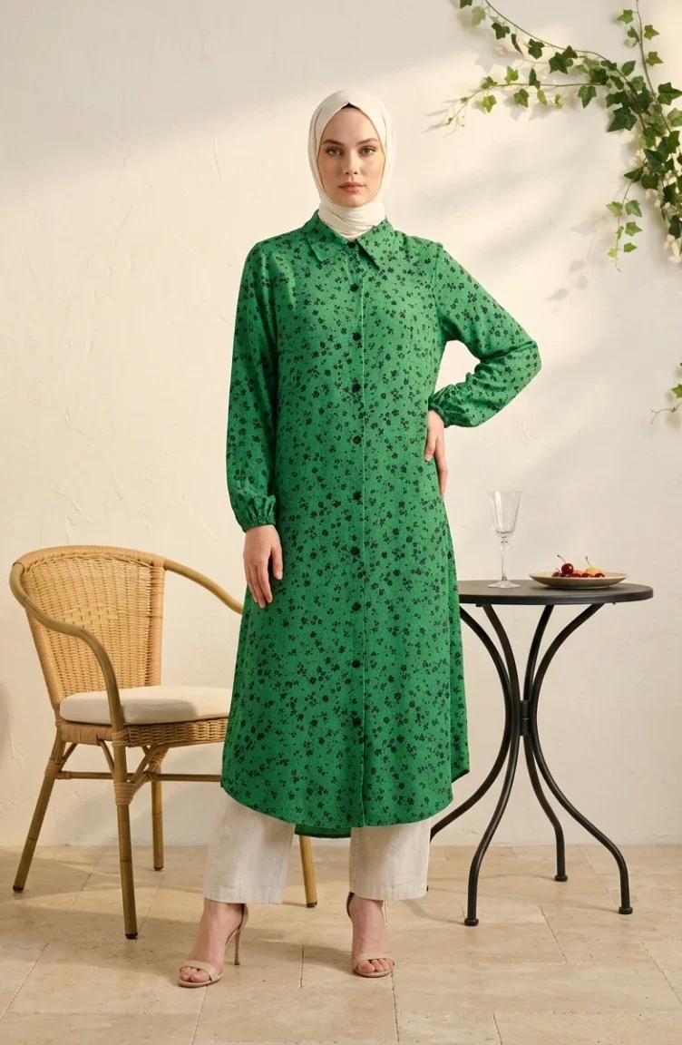 Tunique Boutonnée à Col Chemise Et Motif Marguerites 0355-11 Vert émeraude 0355-11