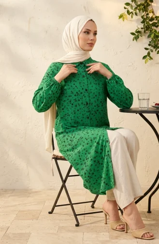 Tunique Boutonnée à Col Chemise Et Motif Marguerites 0355-11 Vert émeraude 0355-11