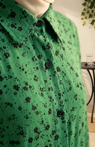 Tunique Boutonnée à Col Chemise Et Motif Marguerites 0355-11 Vert émeraude 0355-11