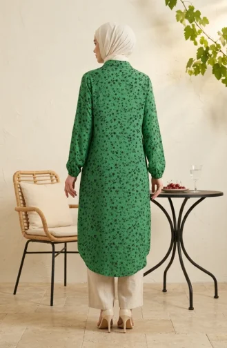 Tunique Boutonnée à Col Chemise Et Motif Marguerites 0355-11 Vert émeraude 0355-11
