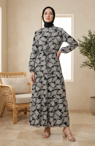 Half-Button Patterned Viscose Hijab Dress 0369-06 Black 0369-06
