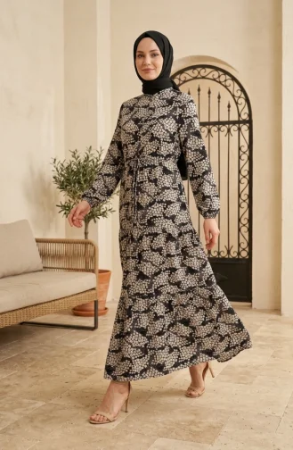 Half-Button Patterned Viscose Hijab Dress 0369-06 Black 0369-06