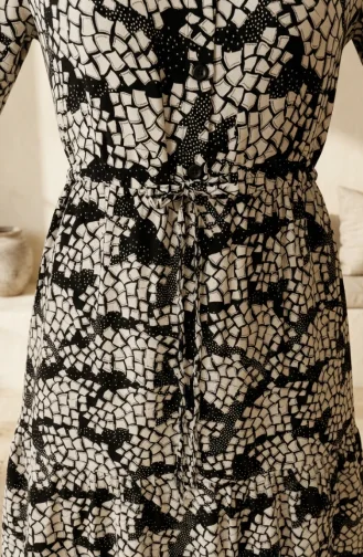 Half-Button Patterned Viscose Hijab Dress 0369-06 Black 0369-06