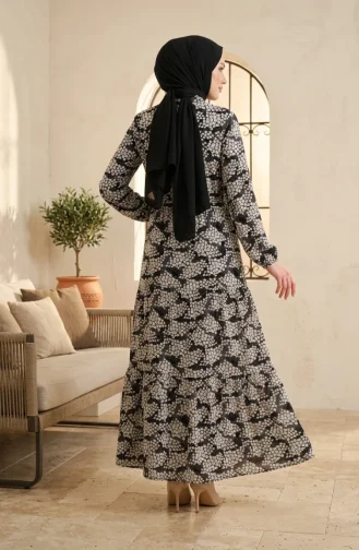 Half-Button Patterned Viscose Hijab Dress 0369-06 Black 0369-06