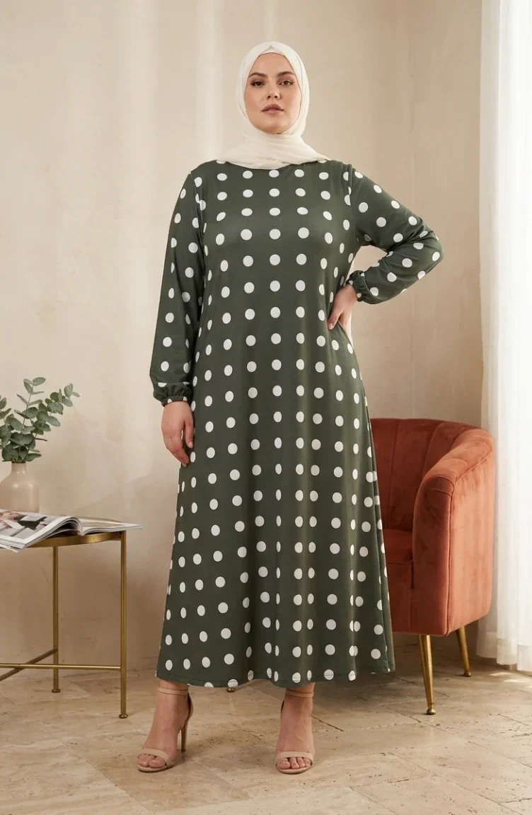 Plus Size Aerobin Fabric Polka Dot Hijab Dress 4153-02 Khaki 4153-02