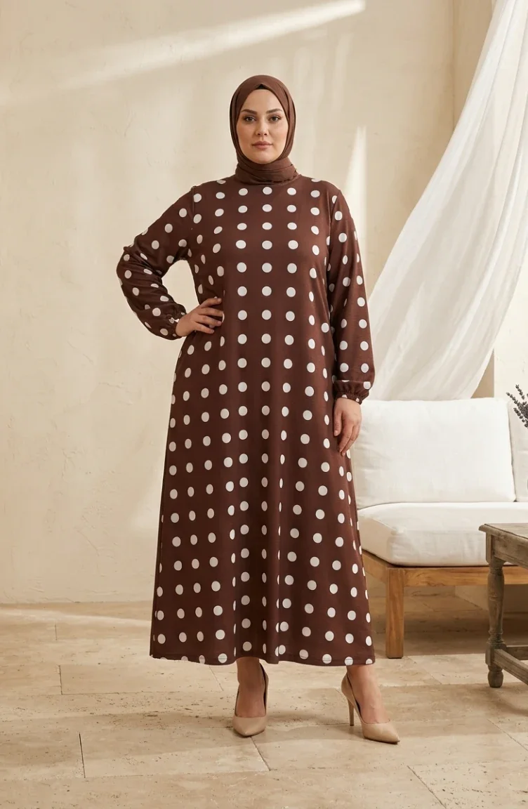 Robe Hijab à Pois En Tissu Aerobin Grande Taille 4153-04 Marron 4153-04