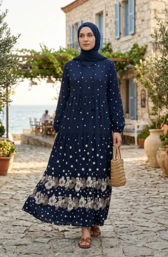 فستان من قماش الفسكوز منقط متعدد الطبقات 5587-01 أزرق داكن 5587-01