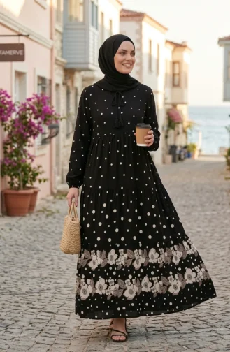 فستان أسود متعدد الطبقات من قماش الفسكوز المنقط 5587-03 5587-03