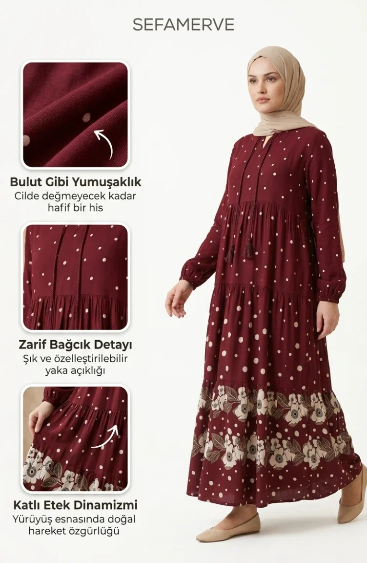 Viskon Kumaş Puantiyeli Kat Kat Elbise 5587-04 Bordo