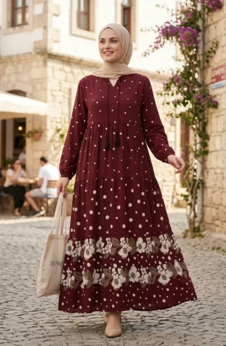 Viskon Kumaş Puantiyeli Kat Kat Elbise 5587-04 Bordo