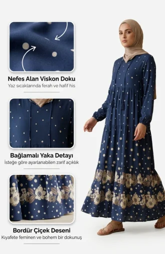 Viskon Kumaş Puantiyeli Kat Kat Elbise 5587-05 İndigo