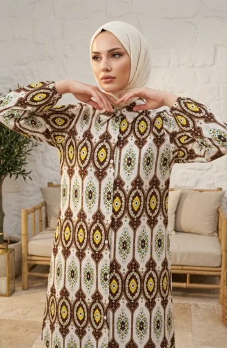 تونيك كتان طويل بأزرار ونقوش عرقية، 0371-02 بني 0371-02
