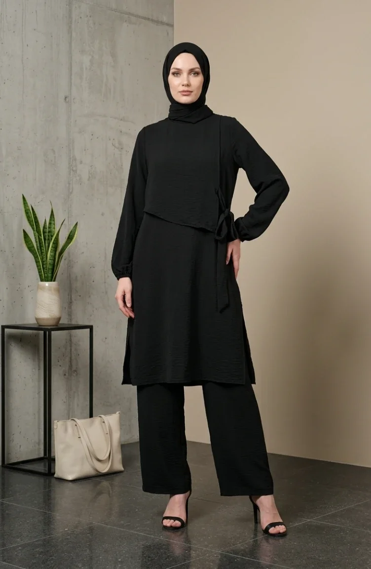 Aerobin Fabric Two-Piece Hijab Set With Belt Detail 2309-03 Black 2309-03