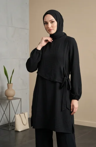 Aerobin Fabric Two-Piece Hijab Set With Belt Detail 2309-03 Black 2309-03