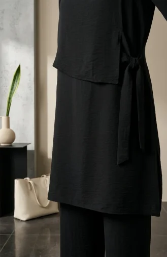 Aerobin Fabric Two-Piece Hijab Set With Belt Detail 2309-03 Black 2309-03