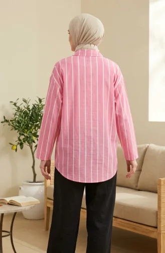 Hemdkragen-Leinentunika Mit Vertikalen Streifen 0368-08 Rosa Weiß 0368-08