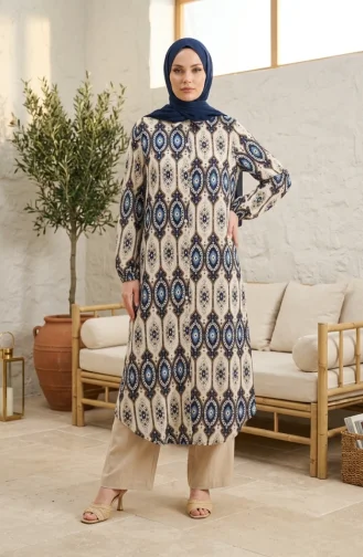 Lange Linnen Tuniek Met Etnisch Patroon En Knoopsluiting 0371-03 Marineblauw 0371-03