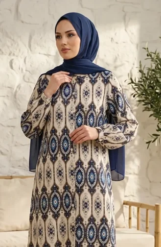 Lange Linnen Tuniek Met Etnisch Patroon En Knoopsluiting 0371-03 Marineblauw 0371-03