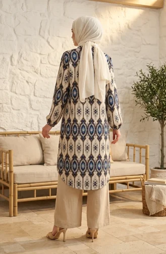 Lange Linnen Tuniek Met Etnisch Patroon En Knoopsluiting 0371-03 Marineblauw 0371-03