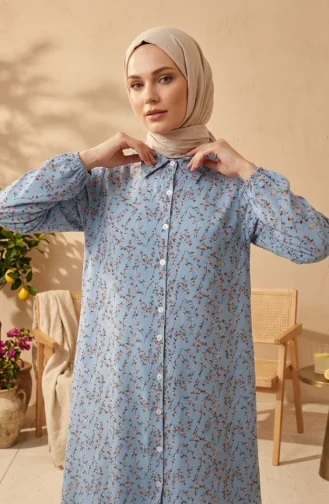Geblümte Bodenlange Tunika Aus Viskose Mit Knöpfen Farbe: Blau Modell 0372-01 0372-01