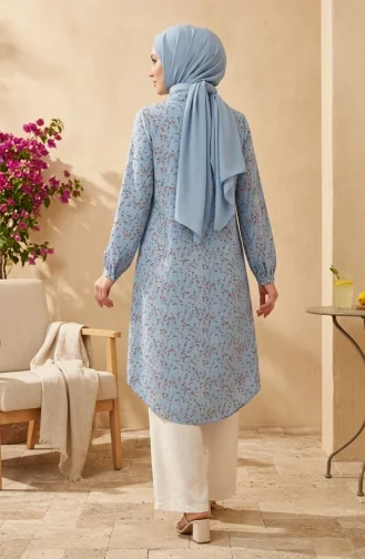Geblümte Bodenlange Tunika Aus Viskose Mit Knöpfen Farbe: Blau Modell 0372-01 0372-01