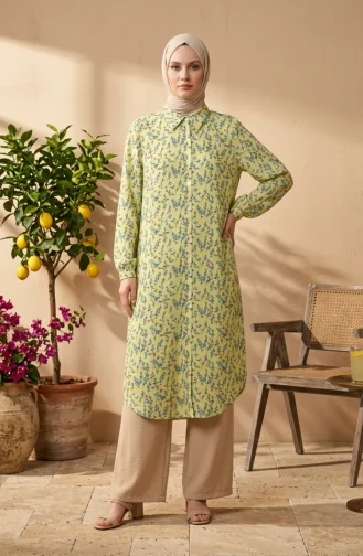 Tunique Longue Boutonnée En Viscose à Motif Floral Jaune 0372-02 0372-02