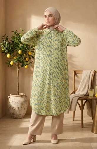 Tunique Longue Boutonnée En Viscose à Motif Floral Jaune 0372-02 0372-02