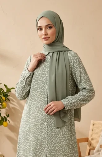 تونيك فيسكوز طويل مزين بنقوش زهرية وأزرار، لون أخضر فاتح 0373-01 0373-01