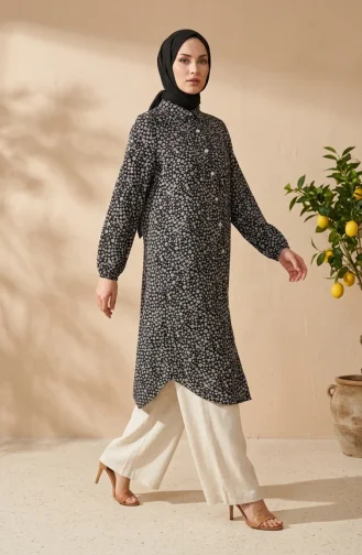 تونيك فيسكوز أسود طويل مزين بنقوش زهرية وأزرار، رقم الموديل 0373-02 0373-02
