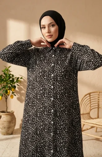 تونيك فيسكوز أسود طويل مزين بنقوش زهرية وأزرار، رقم الموديل 0373-02 0373-02