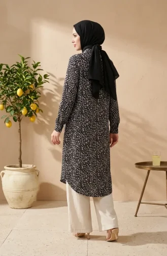تونيك فيسكوز أسود طويل مزين بنقوش زهرية وأزرار، رقم الموديل 0373-02 0373-02