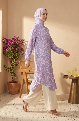 تونيك فيسكوز طويل مزين بنقوش زهرية وأزرار، 0373-03 ليلكي 0373-03