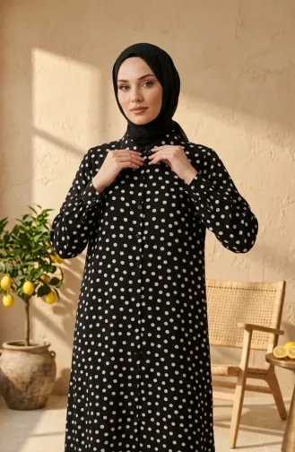 Hemdkragen Knopfleiste Gepunktete Viskose-Tunika 0374-02 Schwarz 0374-02