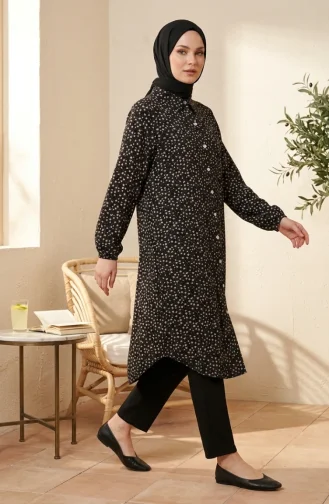 Çiçek Desenli Boydan Düğmeli Viskon Tunik 0375-01 Siyah