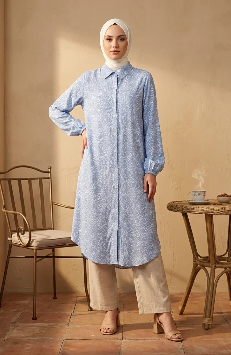 Overhemdkraag Knoopsluiting Viscose Tuniek Met Stippen 0377-02 Blauw 0377-02