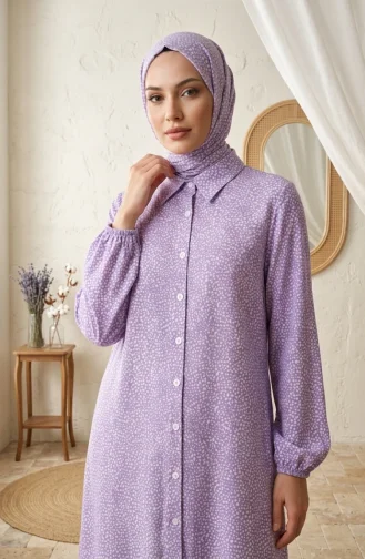 Gömlek Yaka Boydan Düğmeli Puantiyeli Viskon Tunik 0377-03 Lila