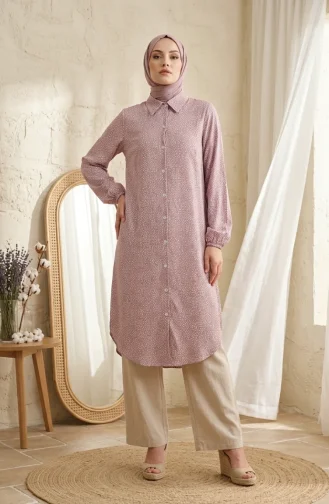 Blousekraag Knoopsluiting Viscose Tuniek Met Stippen 0377-04 Roze 0377-04