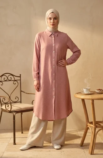 Tunique à Pois Boutonnée à Col Chemise 0379-01 Rose Poudré 0379-01