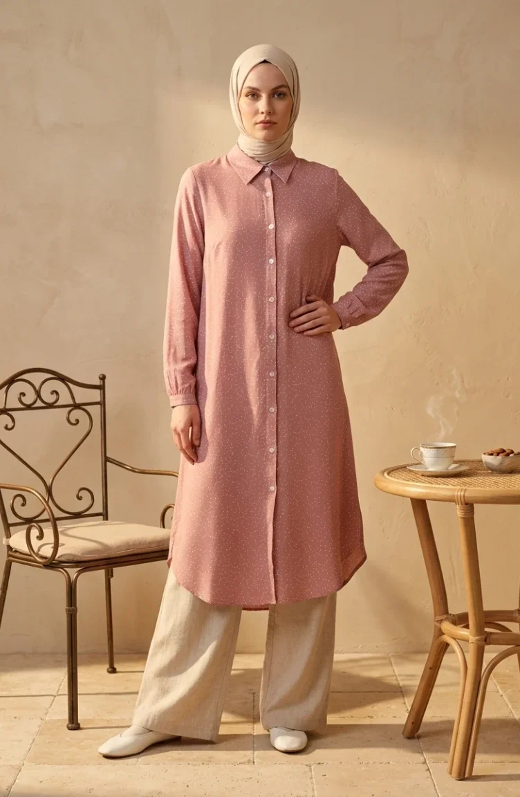 Tunique à Pois Boutonnée à Col Chemise 0379-01 Rose Poudré 0379-01